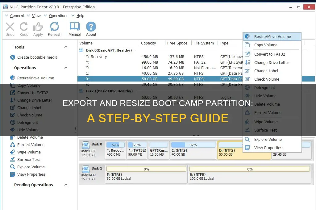 how to export and resize boot camp partition