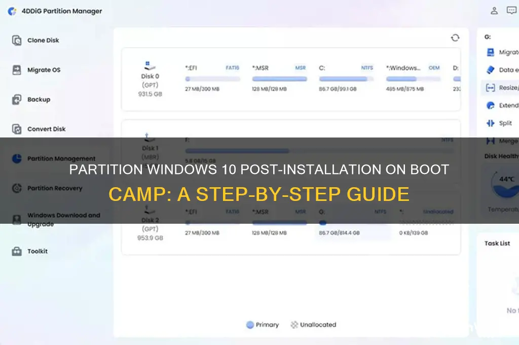 how to partition windows 10 after installation on boot camp